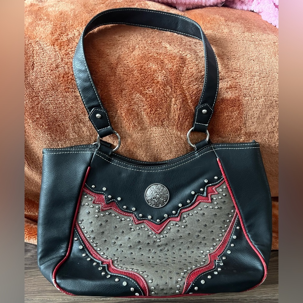 Elegant Black and Red Studded Shoulder Bag